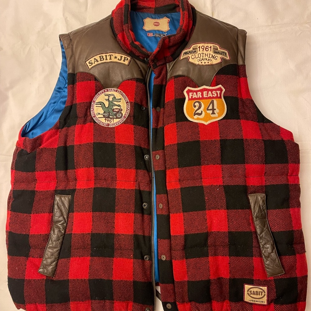 Sabit NYC Red Flannel Leather Vest Sz XXL